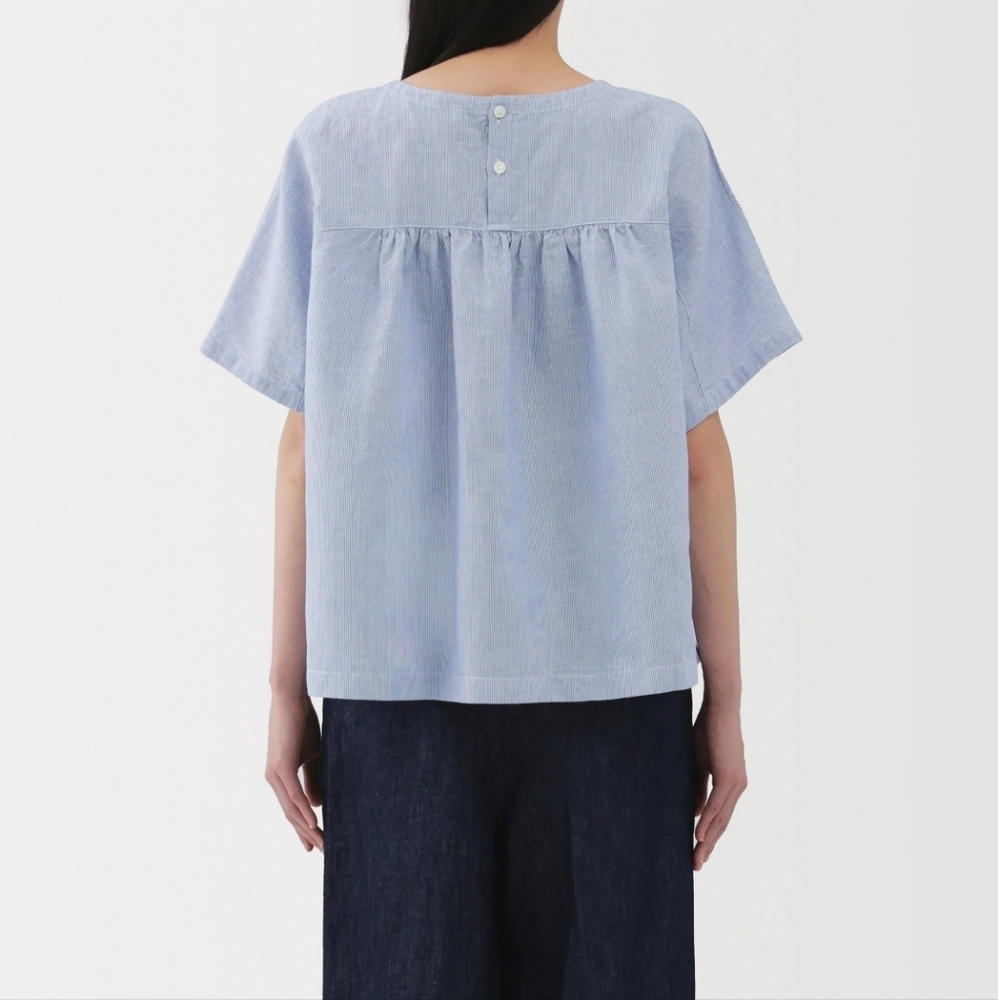 MUJI Women's Hemp Cotton Short Sleeve Blue Striped Blouse cooling fabric - Picture 3 of 6